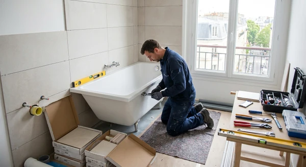 Salle de bain en cours de r&eacute;novation avec un artisan plombier en tenue professionnelle effectuant l'installation d'une baignoire ou de sanitaires, montrant clairement le travail d'installation et l'environnement de chantier, avec outils et mat&eacute;riaux de plomberie visibles. L'ambiance doit refl&eacute;ter un projet de r&eacute;novation "cl&eacute;s en main" en cours de r&eacute;alisation.