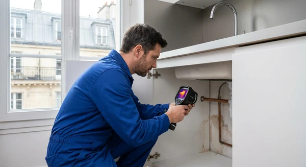 Plombier en uniforme professionnel bleu intervenant &agrave; domicile, diagnostiquant une fuite d'eau au niveau d'une tuyauterie en cuivre visible sur un mur. Le plombier tient un &eacute;quipement de diagnostic ou de d&eacute;tection de fuite, dans un int&eacute;rieur r&eacute;sidentiel, illustrant clairement l'action de d&eacute;pannage d'urgence et de diagnostic. L'image doit montrer la r&eacute;activit&eacute; et la comp&eacute;tence du professionnel face &agrave; une situation d'urgence plomberie.