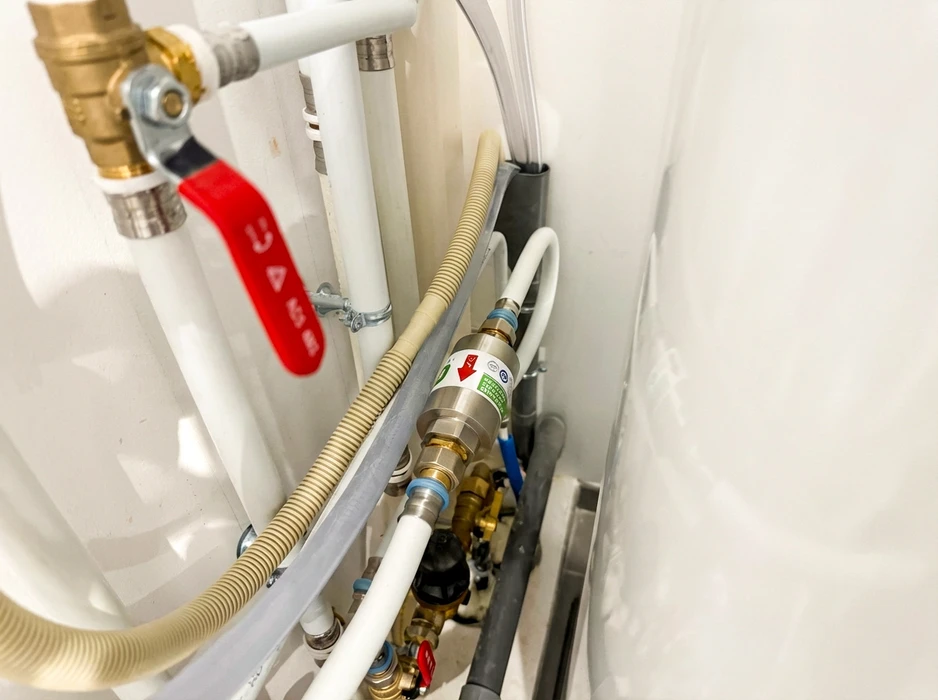 Le plombier s'attache à la chaudière à gaz de tuyau à l'aide d'une clé réglable