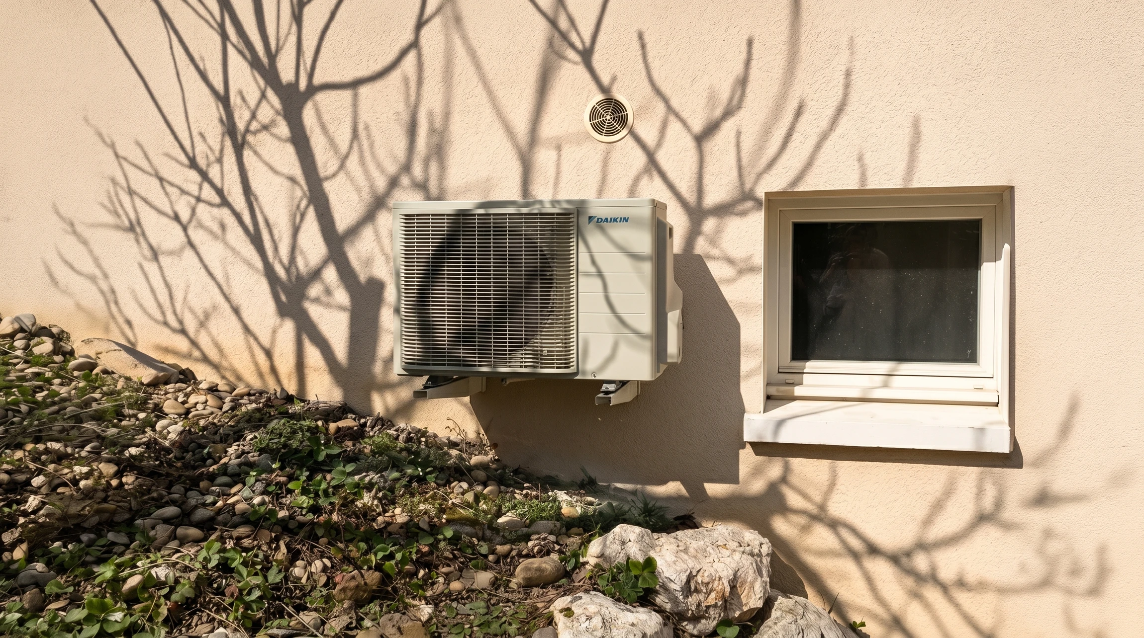 Unité extérieure de climatisation/pompe à chaleur **Daikín** fixée en façade d'une maison, à hauteur du sol, sur fond de mur crépis beige