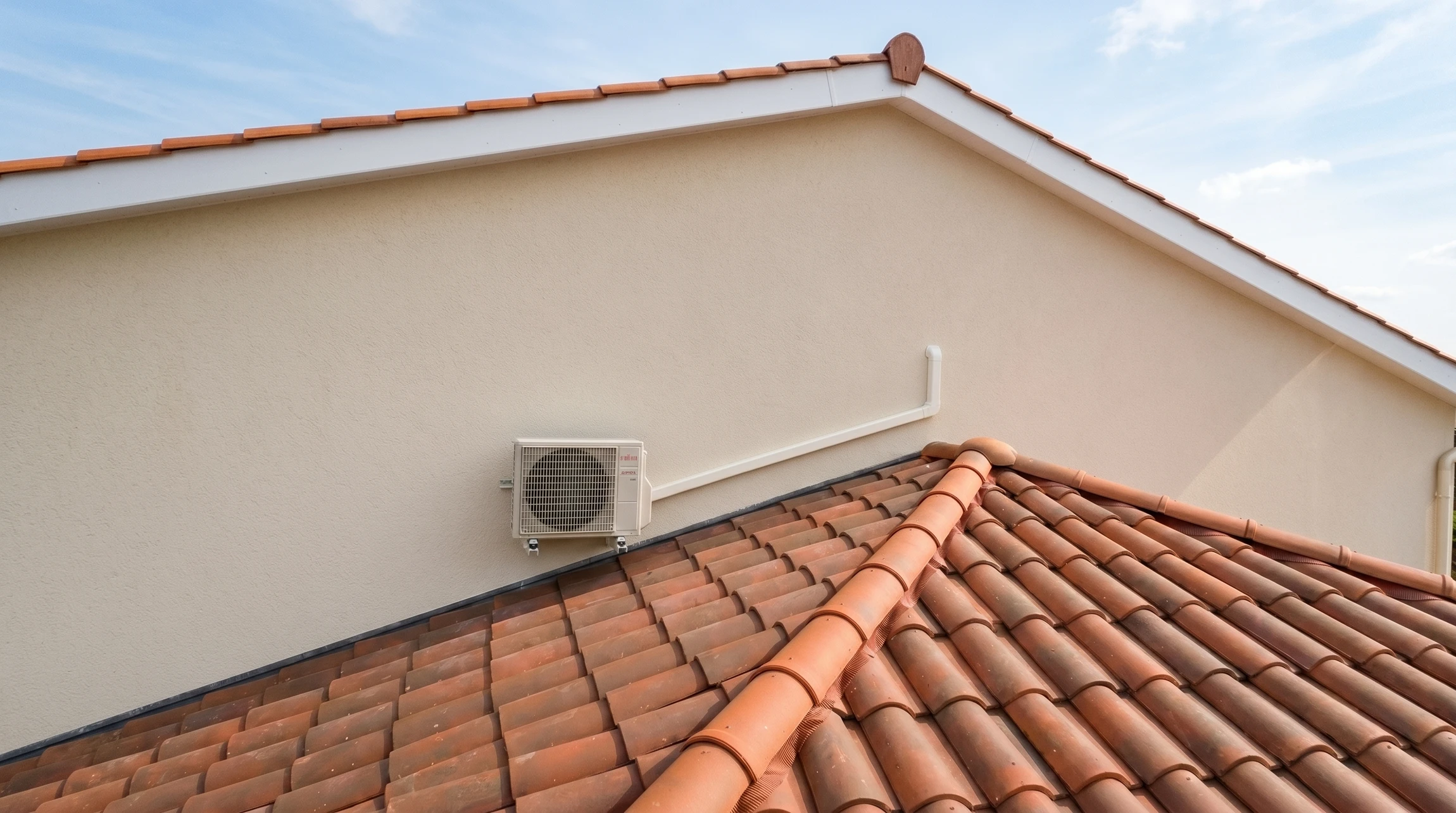 Unité extérieure de climatisation/pompe à chaleur **Daikín** fixée en façade d'une maison, à hauteur du sol, sur fond de mur crépis beige