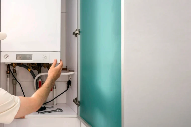 Intérieur résidentiel, mains masculines utilisant une clé à molette pour installer ou régler une vanne thermostatique de radiateur blanc fixé au mur
