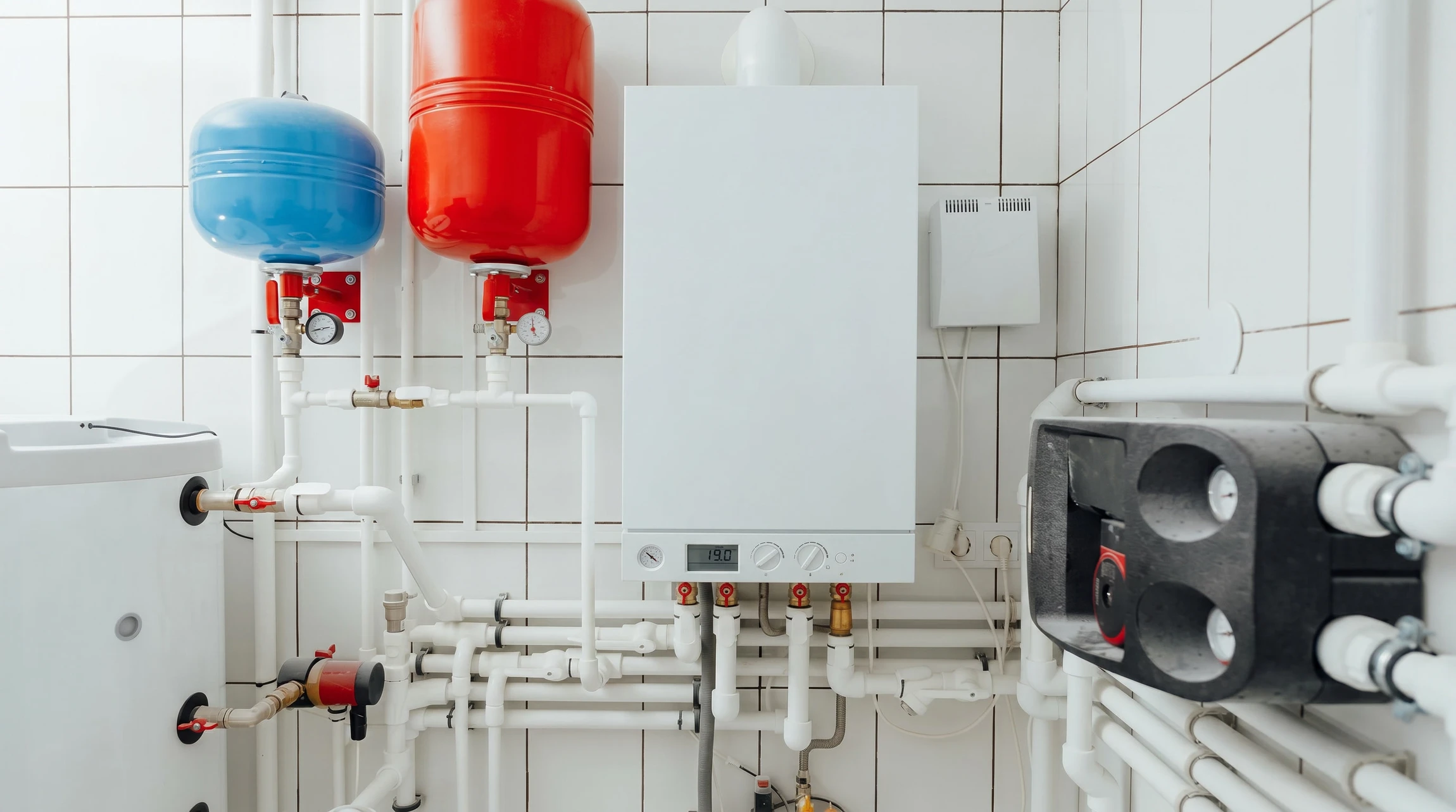 Plombier professionnel en salopette travaillant sur une chaudière murale blanche dans une salle de bains carrelée